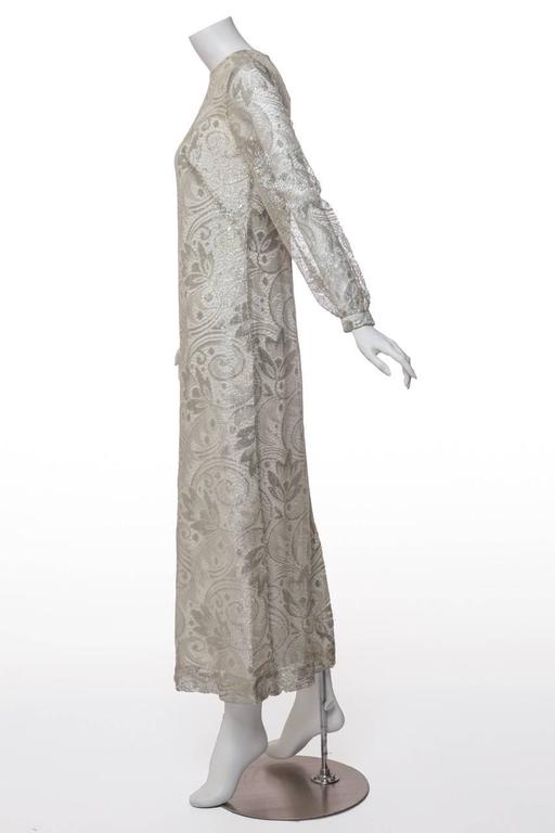 1960s Anonymous Silver Lace Long Sleeve Column Evening Dress Gown