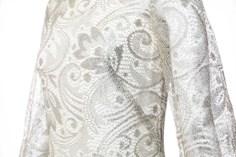 1960s Anonymous Silver Lace Long Sleeve Column Evening Dress Gown