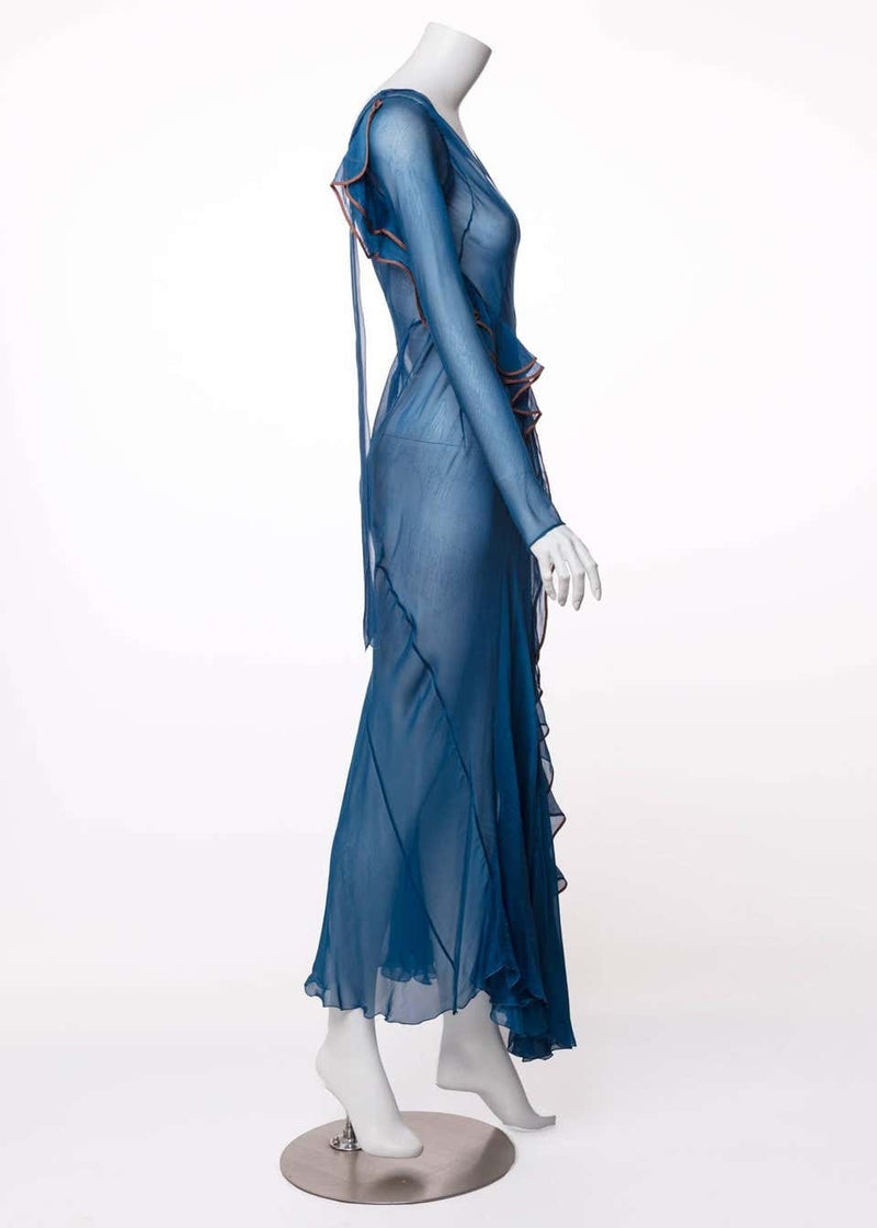 Alberta Ferretti Sheer Silk Lapis Blue Ruffle Draped Maxi Dress Basha Gold Alberta Ferretti Sheer Silk Lapis Blue Ruffle Draped Maxi Dress Basha Gold