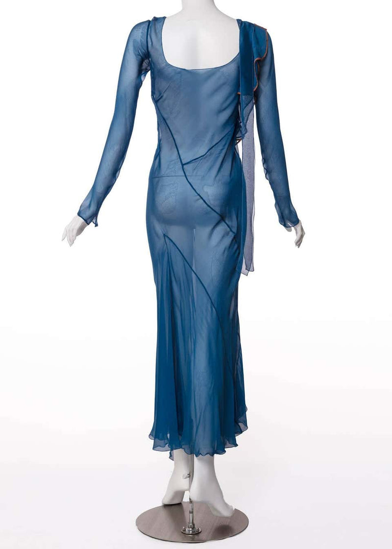 Alberta Ferretti Sheer Silk Lapis Blue Ruffle Draped Maxi Dress