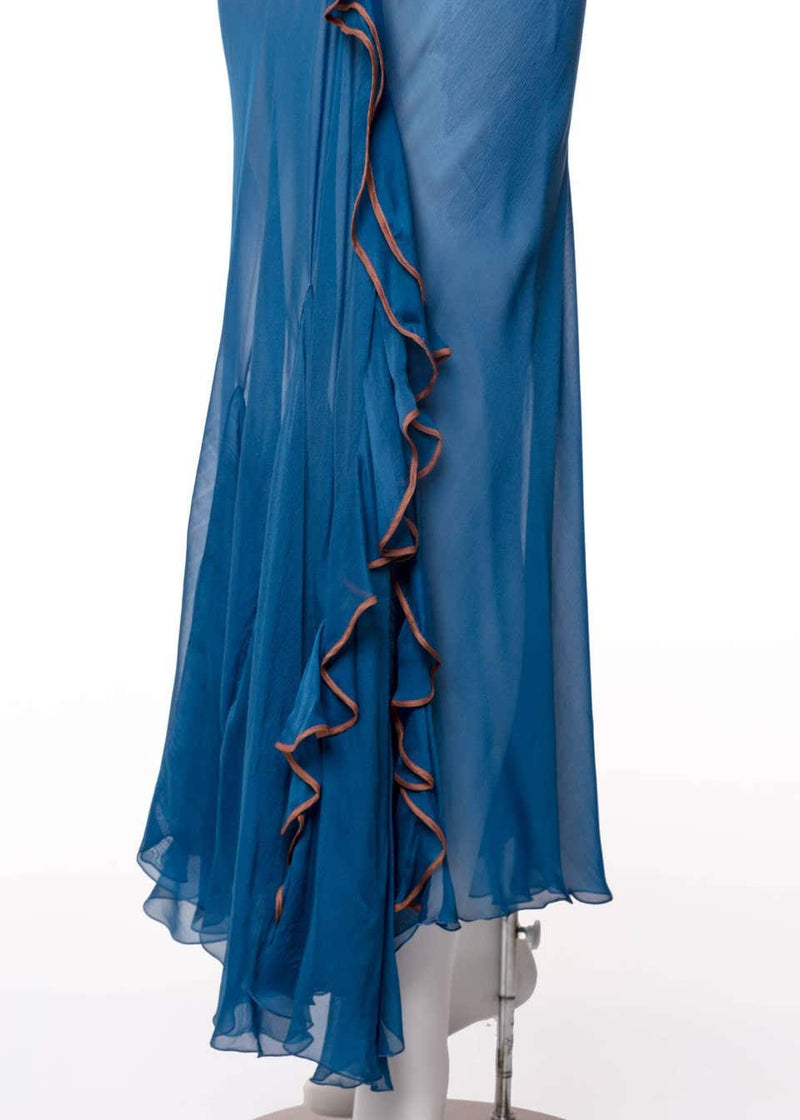 Alberta Ferretti Sheer Silk Lapis Blue Ruffle Draped Maxi Dress Basha Gold Alberta Ferretti Sheer Silk Lapis Blue Ruffle Draped Maxi Dress Basha Gold