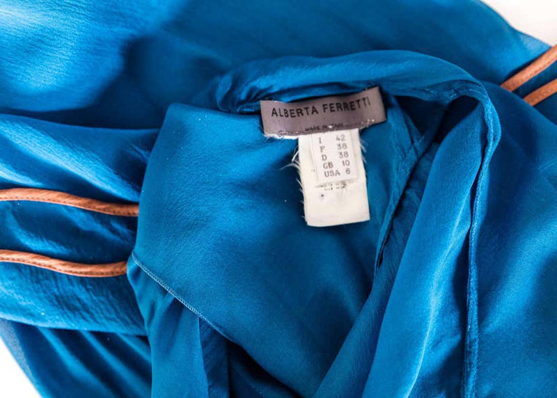 Alberta Ferretti Sheer Silk Lapis Blue Ruffle Draped Maxi Dress