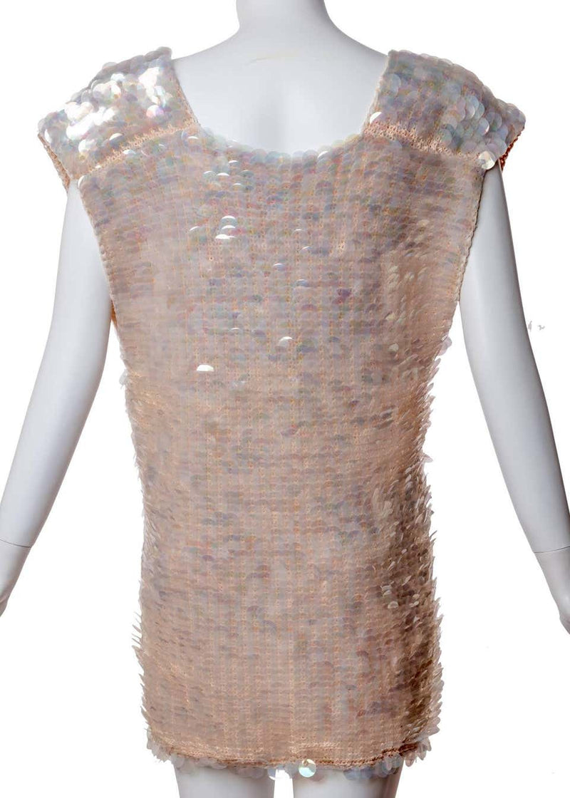 1960s Sleeveless Plunge Neck Iridescent Pink Paillette Tunic Top Mini Dress