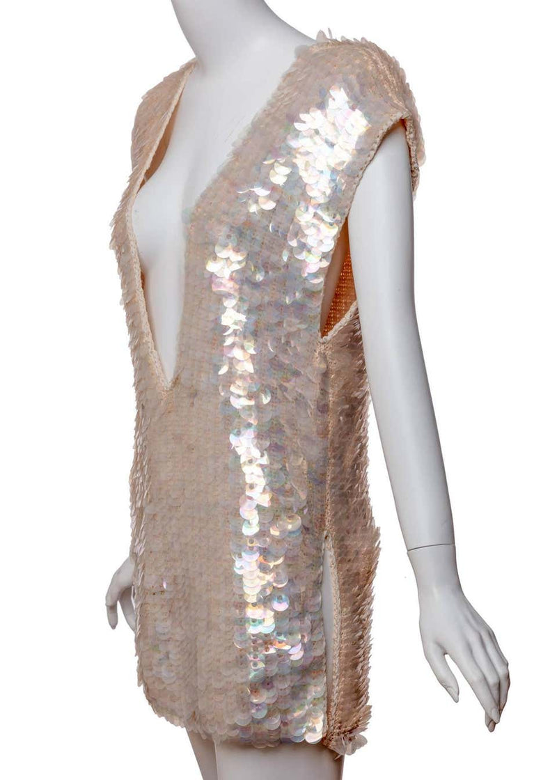 1960s Sleeveless Plunge Neck Iridescent Pink Paillette Tunic Top Mini Dress