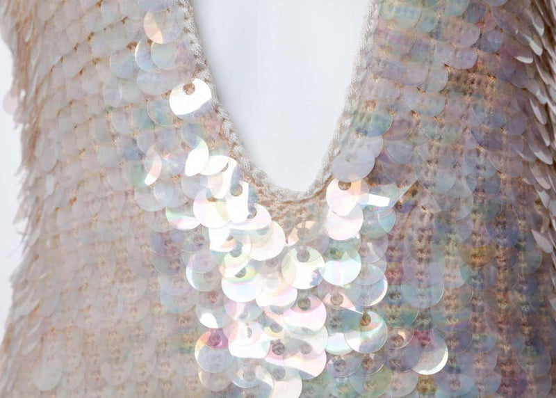 1960s Sleeveless Plunge Neck Iridescent Pink Paillette Tunic Top Mini Dress