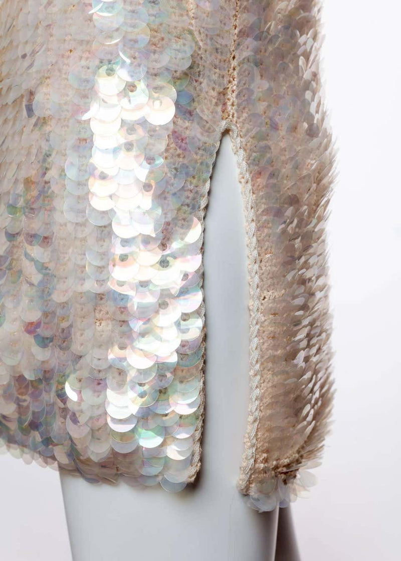 1960s Sleeveless Plunge Neck Iridescent Pink Paillette Tunic Top Mini Dress
