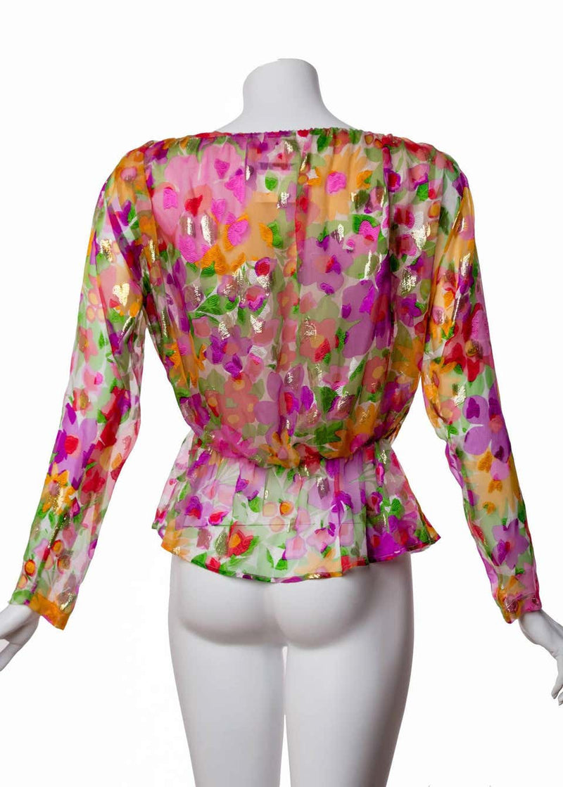 Vintage Yves Saint Laurent Sheer Metallic Floral Silk Plunge Neck Peplum Blouse