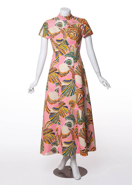 1960's Mr. Blackwell Pink Multicolor Swirl Print Rhinestone Maxi Dress