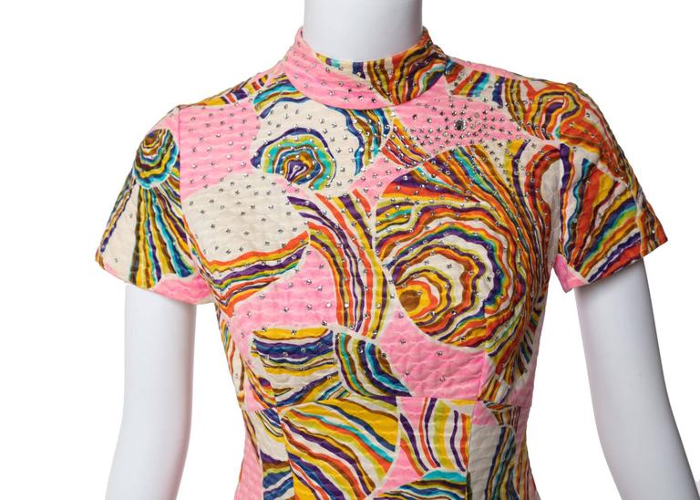 1960's Mr. Blackwell Pink Multicolor Swirl Print Rhinestone Maxi Dress