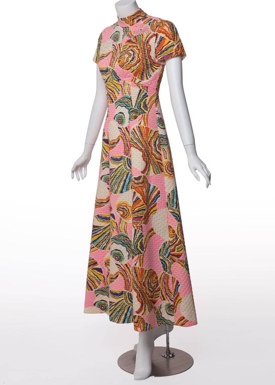 1960's Mr. Blackwell Pink Multicolor Swirl Print Rhinestone Maxi Dress