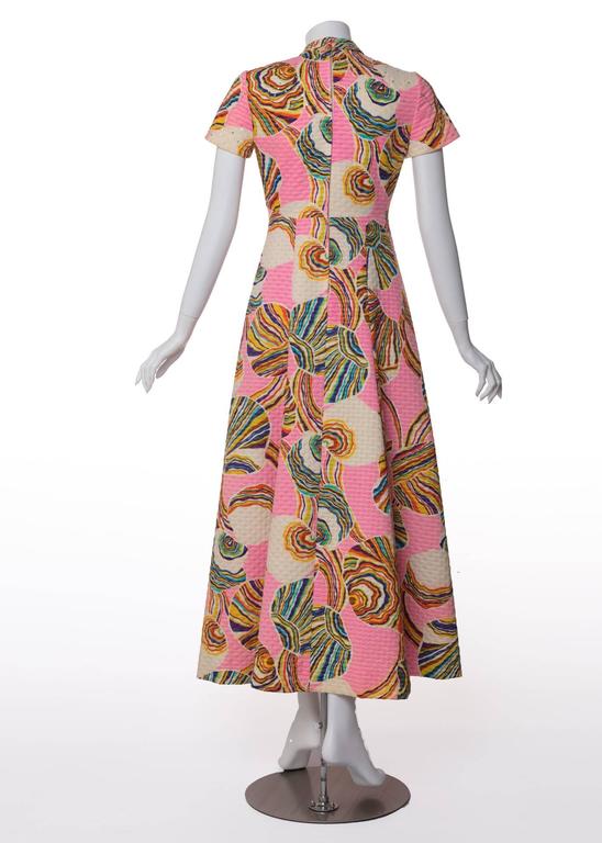 1960's Mr. Blackwell Pink Multicolor Swirl Print Rhinestone Maxi Dress