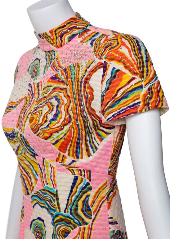1960's Mr. Blackwell Pink Multicolor Swirl Print Rhinestone Maxi Dress