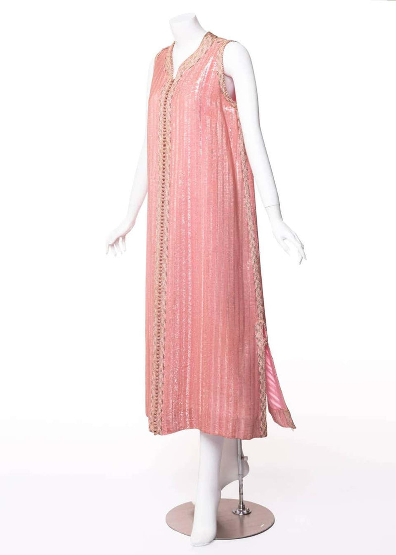 1960s Vintage Moroccan Pink Silver Metallic Sleeveless Caftan Dress
