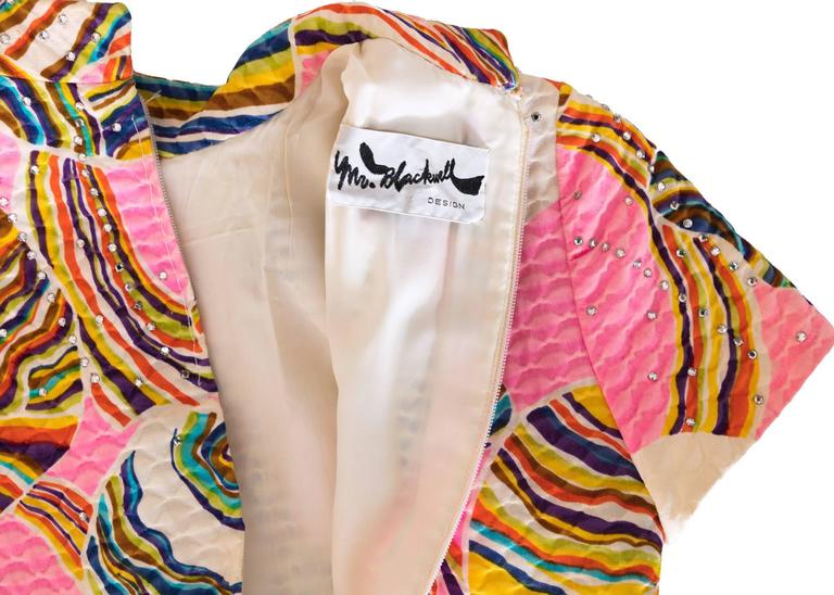 1960's Mr. Blackwell Pink Multicolor Swirl Print Rhinestone Maxi Dress