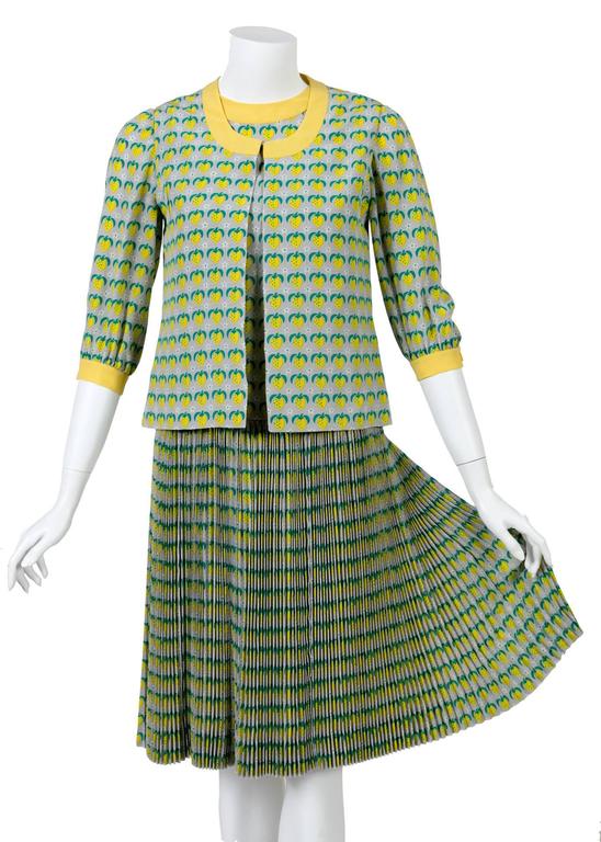 1960s Tiziani Couture by Karl Lagerfeld Lemon Silk Print Dress and Vest Set