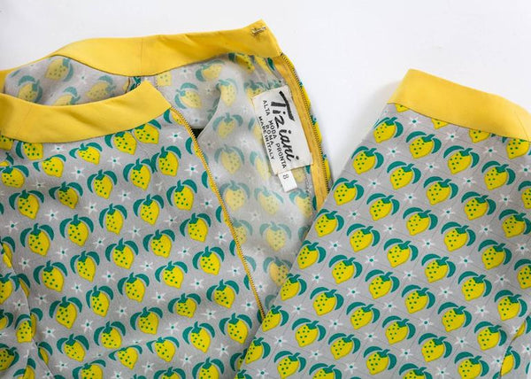 1960s Tiziani Couture by Karl Lagerfeld Lemon Silk Print Dress and Vest Set