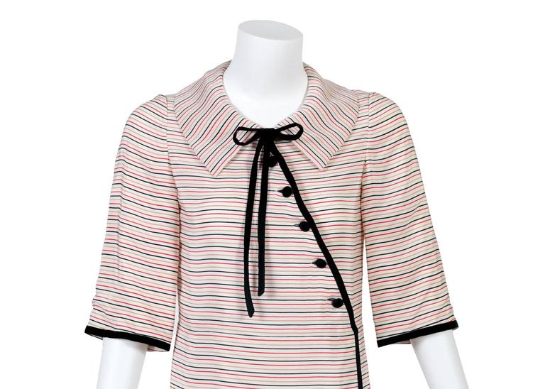 Tiziani Couture By Karl Lagerfeld Ivory Mod Stripe Doll Collar Silk Dress, 1960s