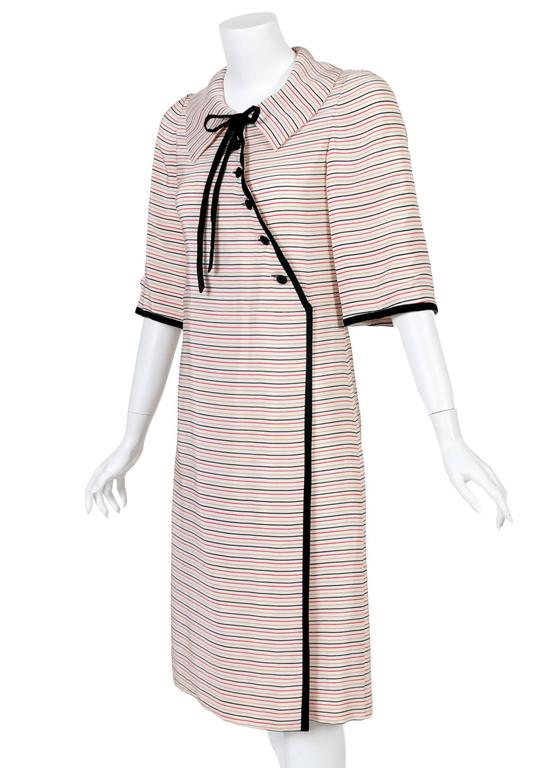 Tiziani Couture By Karl Lagerfeld Ivory Mod Stripe Doll Collar Silk Dress, 1960s