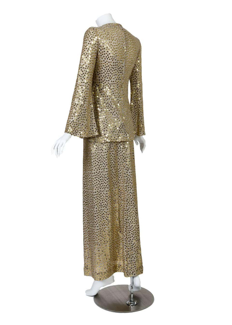 1970s Mollie Parnis Lurex and Sequin Gold Tunic Maxi Skirt Shawl Set Documented