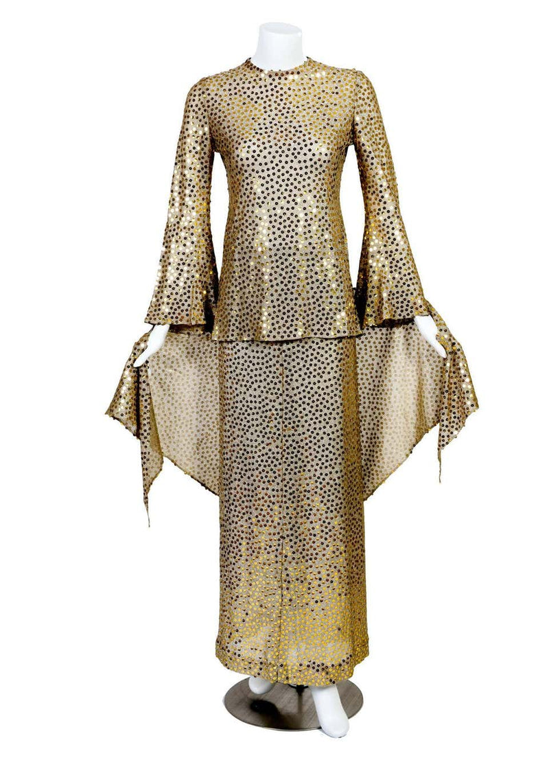 1970s Mollie Parnis Lurex and Sequin Gold Tunic Maxi Skirt Shawl Set Documented