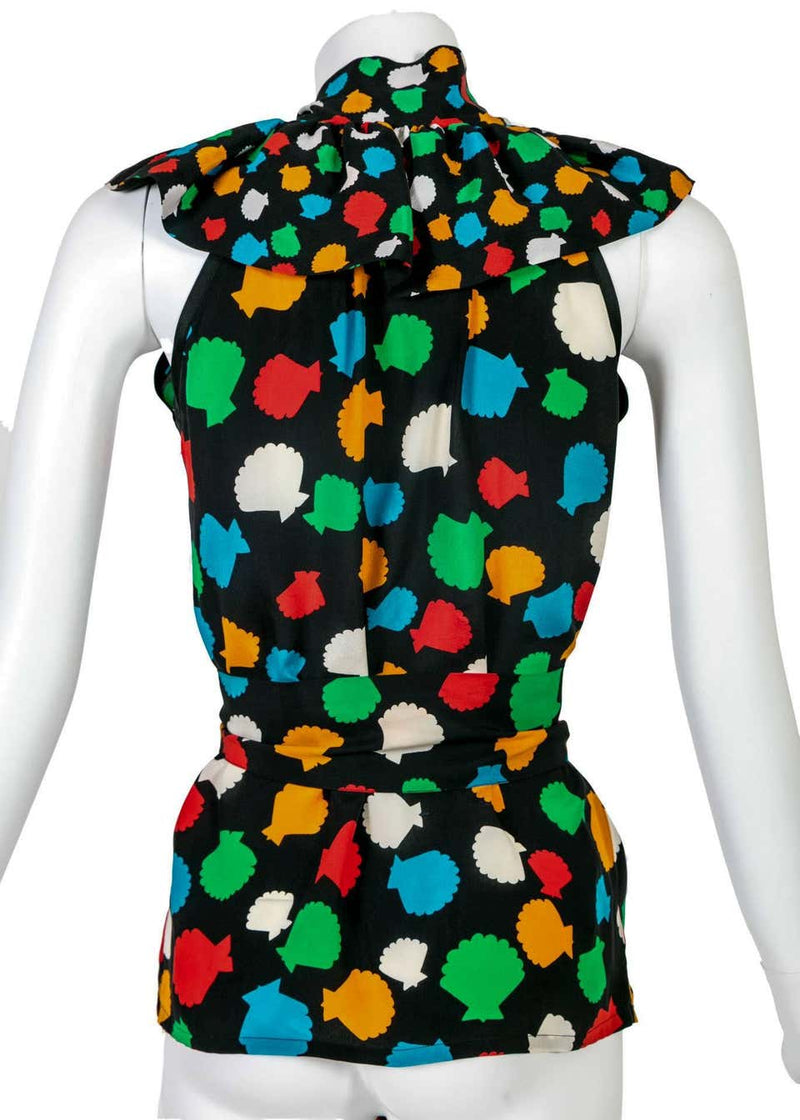 Yves Saint Laurent Vintage Documented YSL Silk Seashell Blouse With Sash, 1979