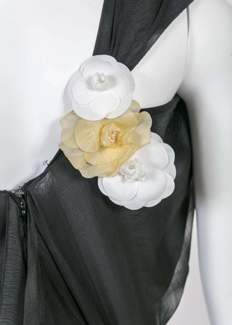 Chloé One Shoulder Black Silk Flowing Train Gown With Chanel Camellia Brooch