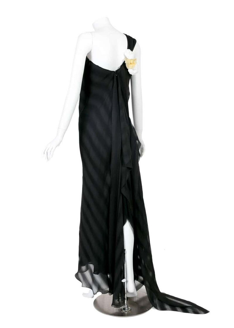 Chloé One Shoulder Black Silk Flowing Train Gown With Chanel Camellia Brooch