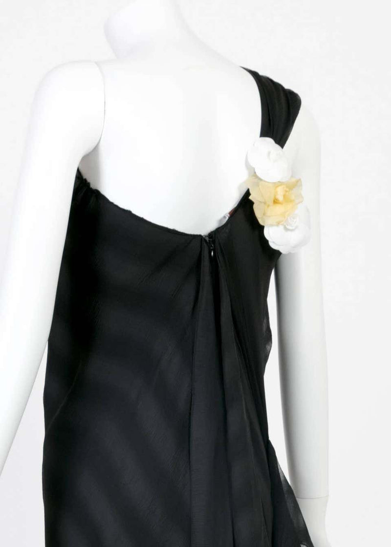 Chloé One Shoulder Black Silk Flowing Train Gown With Chanel Camellia Brooch