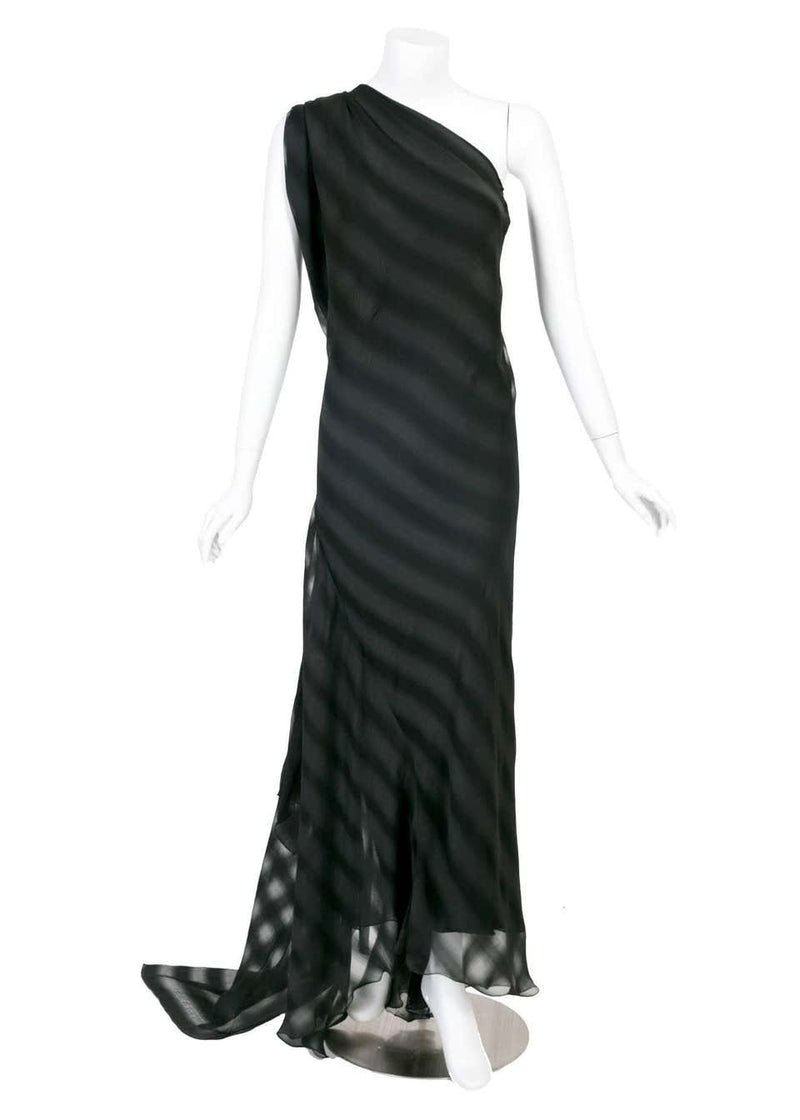 Chloé One Shoulder Black Silk Flowing Train Gown With Chanel Camellia Brooch