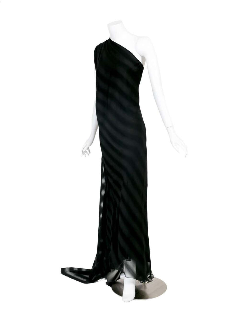 Chloé One Shoulder Black Silk Flowing Train Gown With Chanel Camellia Brooch