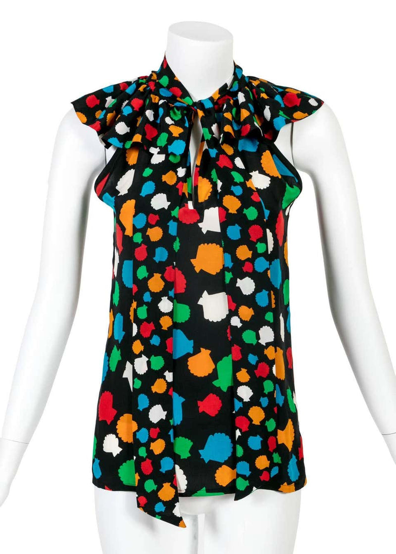 Yves Saint Laurent Vintage Documented YSL Silk Seashell Blouse With Sash, 1979