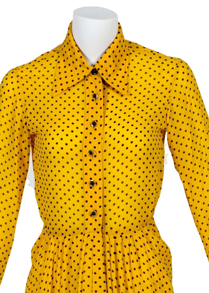 1970s James Galanos Couture Yellow Silk Black Dot Print Draped Dress