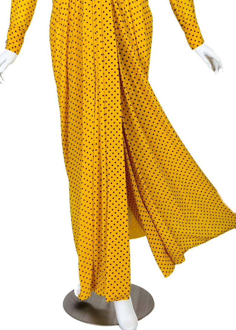1970s James Galanos Couture Yellow Silk Black Dot Print Draped Dress