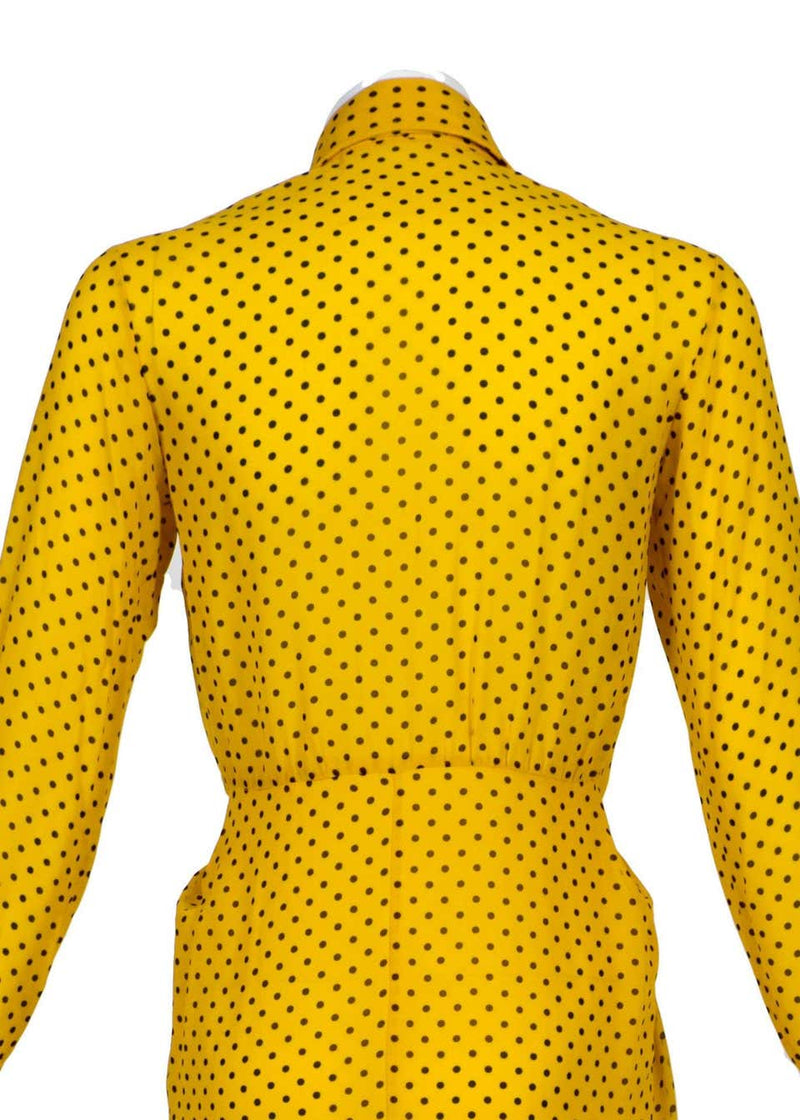 1970s James Galanos Couture Yellow Silk Black Dot Print Draped Dress