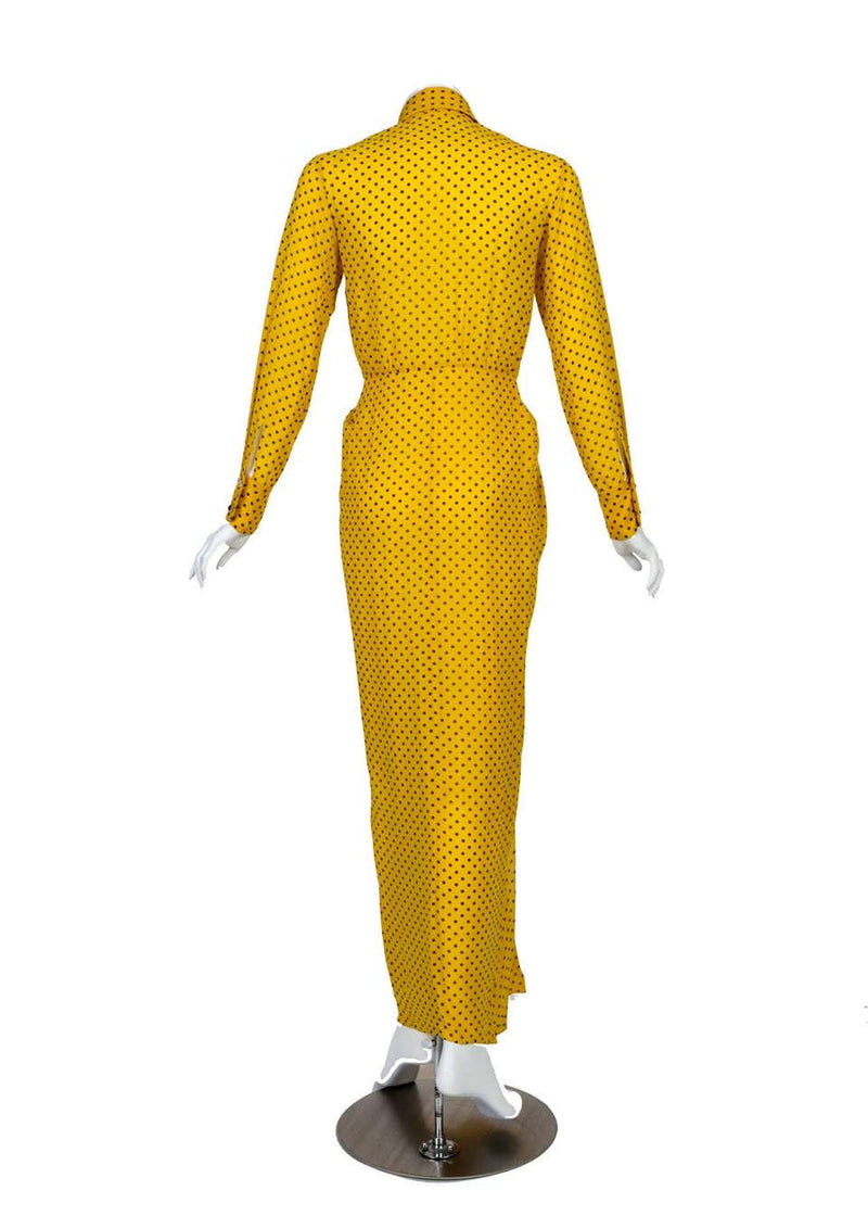 1970s James Galanos Couture Yellow Silk Black Dot Print Draped Dress