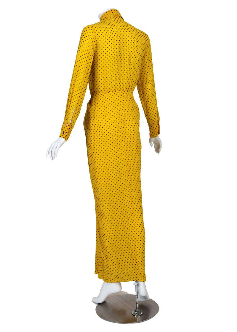 1970s James Galanos Couture Yellow Silk Black Dot Print Draped Dress