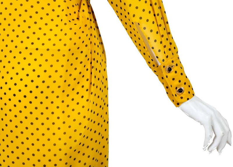 1970s James Galanos Couture Yellow Silk Black Dot Print Draped Dress