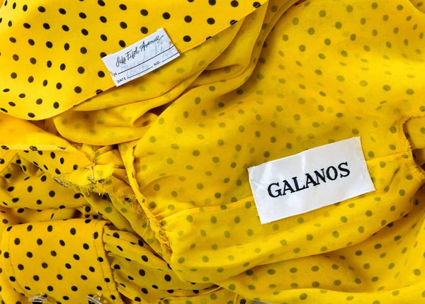 1970s James Galanos Couture Yellow Silk Black Dot Print Draped Dress