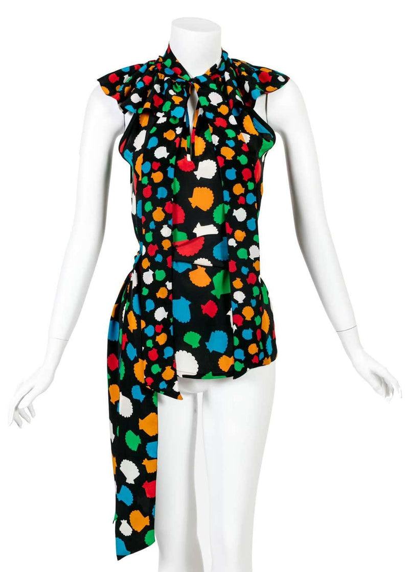 Yves Saint Laurent Vintage Documented YSL Silk Seashell Blouse With Sash, 1979