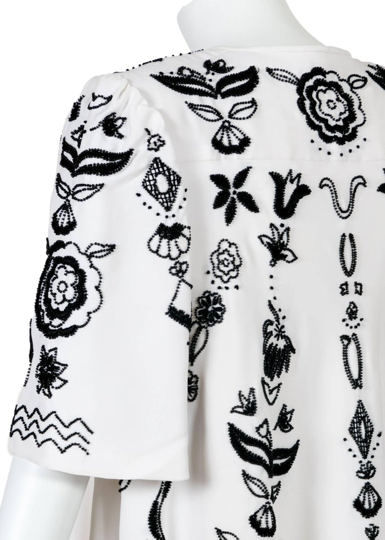Tiziani by Karl Lagerfeld White Silk Black Floral Embroidered Swing Coat, 1960s