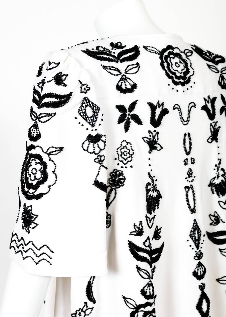 Tiziani by Karl Lagerfeld White Silk Black Floral Embroidered Swing Coat, 1960s