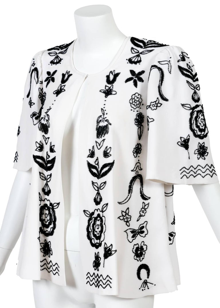 Tiziani by Karl Lagerfeld White Silk Black Floral Embroidered Swing Coat, 1960s