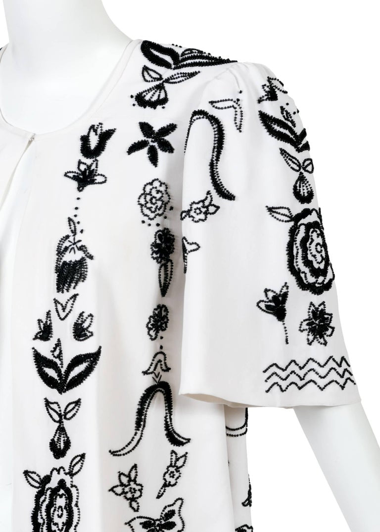 Tiziani by Karl Lagerfeld White Silk Black Floral Embroidered Swing Coat, 1960s