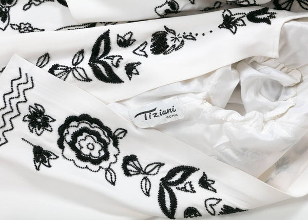 Tiziani by Karl Lagerfeld White Silk Black Floral Embroidered Swing Coat, 1960s