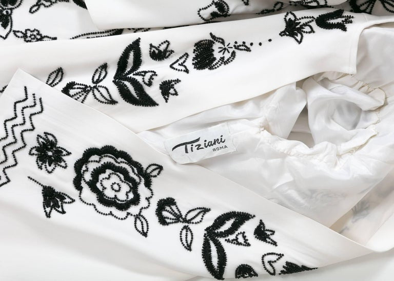 Tiziani by Karl Lagerfeld White Silk Black Floral Embroidered Swing Coat, 1960s