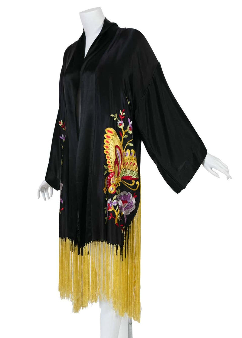 1920s Art Deco Silk Floral Embroidered Hand Knot Fringe Kimono Jacket