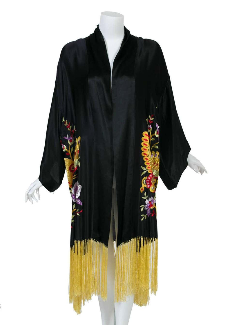 1920s Art Deco Silk Floral Embroidered Hand Knot Fringe Kimono Jacket
