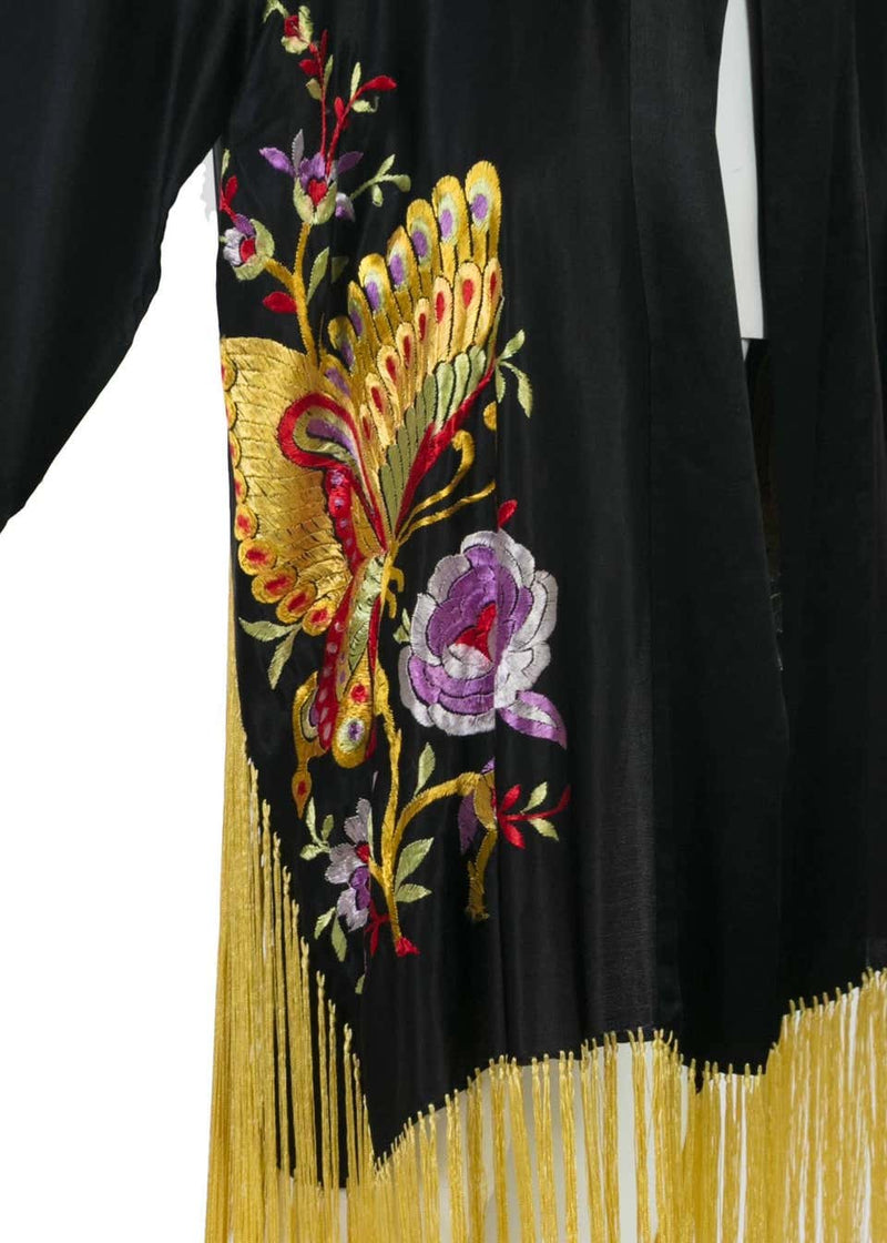 1920s Art Deco Silk Floral Embroidered Hand Knot Fringe Kimono Jacket