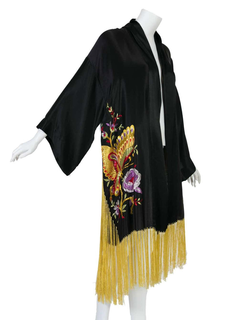 1920s Art Deco Silk Floral Embroidered Hand Knot Fringe Kimono Jacket