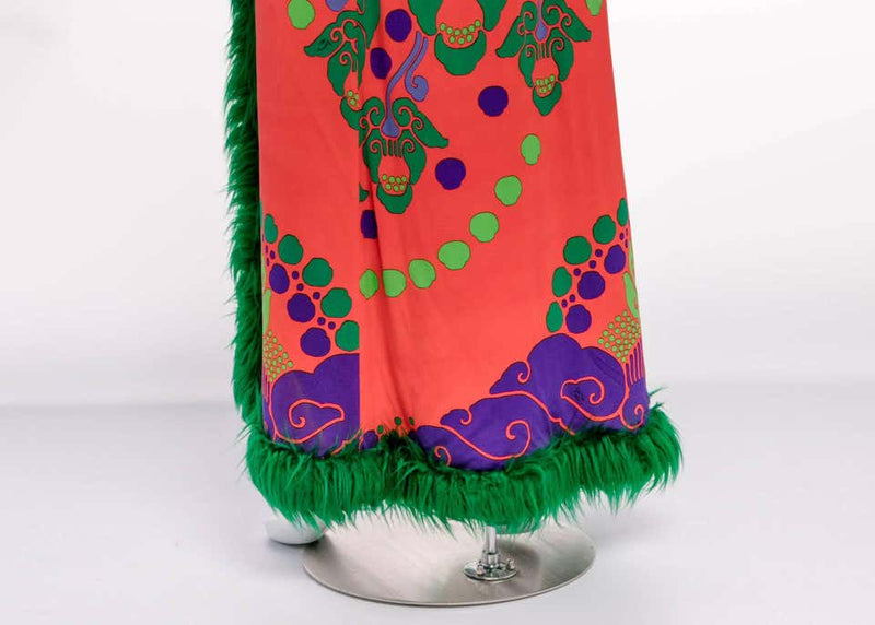 Rare 1960s Leonard Paris Printed Silk Jersey Emerald Faux Fur Duster Maxi Vest